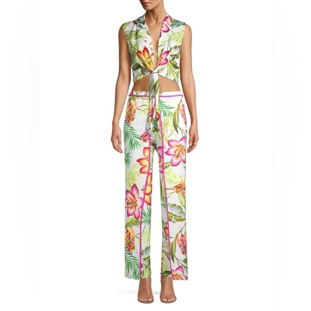 LE SUPERBE Skyline Floral Tie-Front Blouse Foliage Leaf Print 2PC Set Size 6